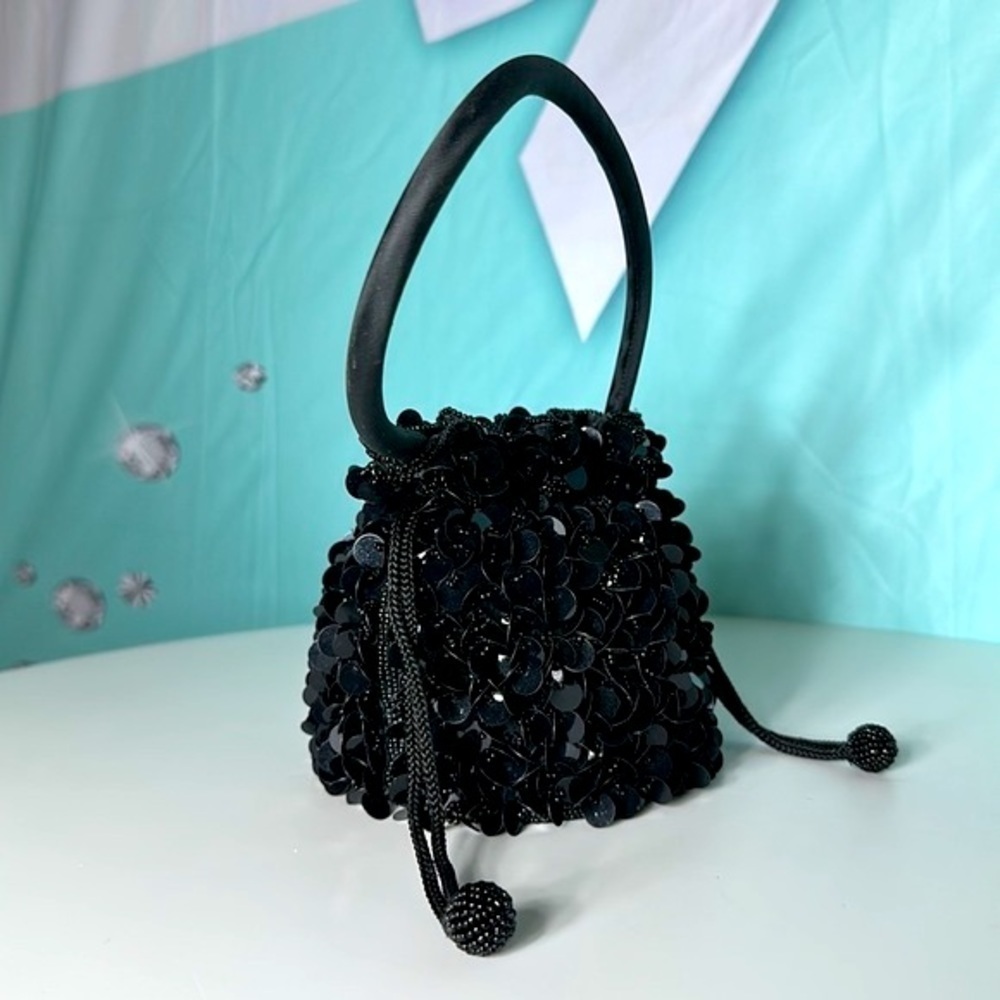 90s Y2K BEADS SEQUINS drawstring bucket bag. Evening bag Holiday dance like New - Picture 3 of 10